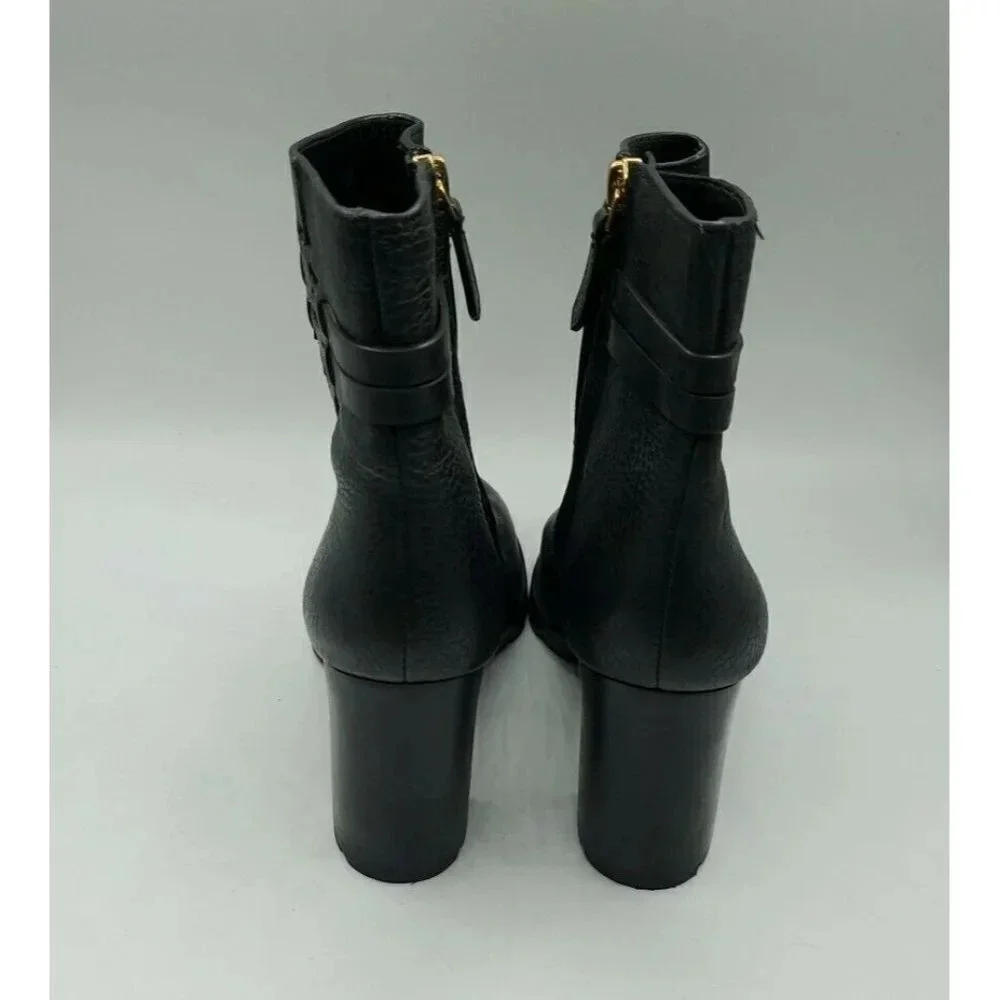 Tory Burch Leigh Black Leather Lug Sole With Logo Boots River Rock SZ 7.5   NWOB